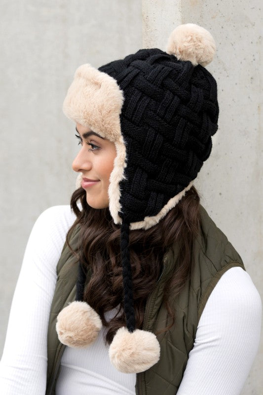 Cable Weave Pom Trapper Hat