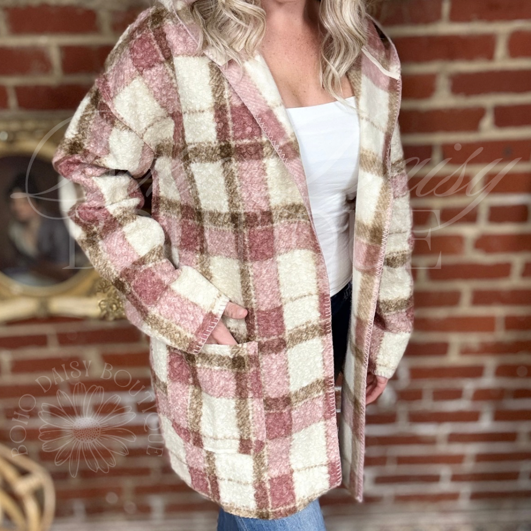 Pink and Brown Plaid Cardigan/ Sweater