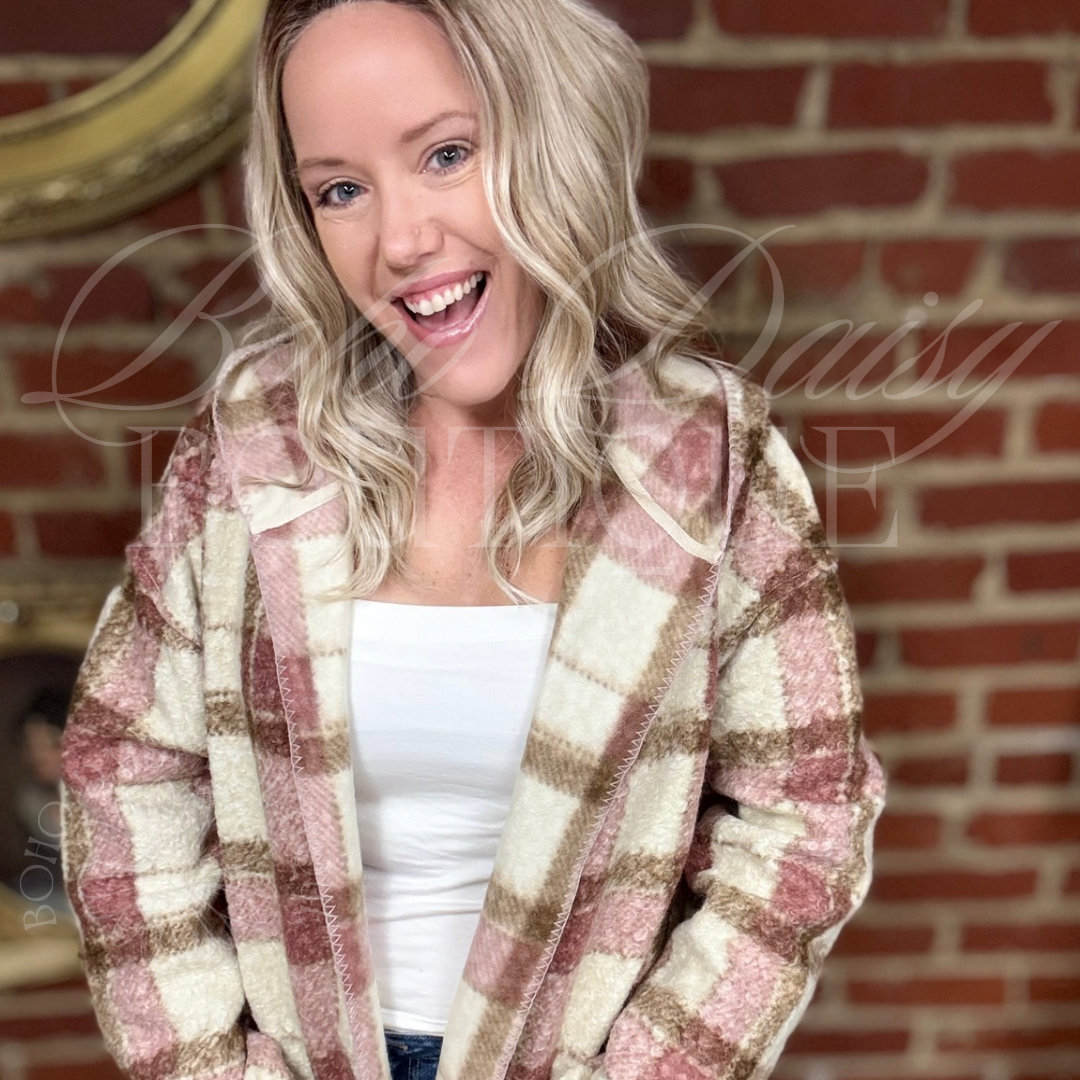 Pink and Brown Plaid Cardigan/ Sweater